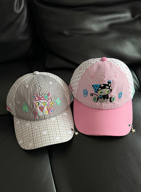 TAAK新款可爱Y2K卡通小猫插画师鸭舌帽子女显脸小条纹拼接棒球帽