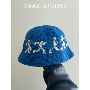 韩国2024新款 手工小人提花渔夫帽子女秋冬天钩织街头针织毛线盆帽