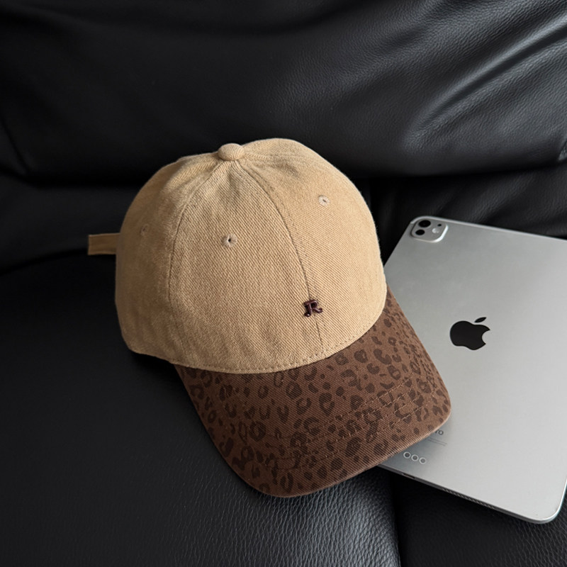 R字母豹纹拼接鸭舌帽棒球帽