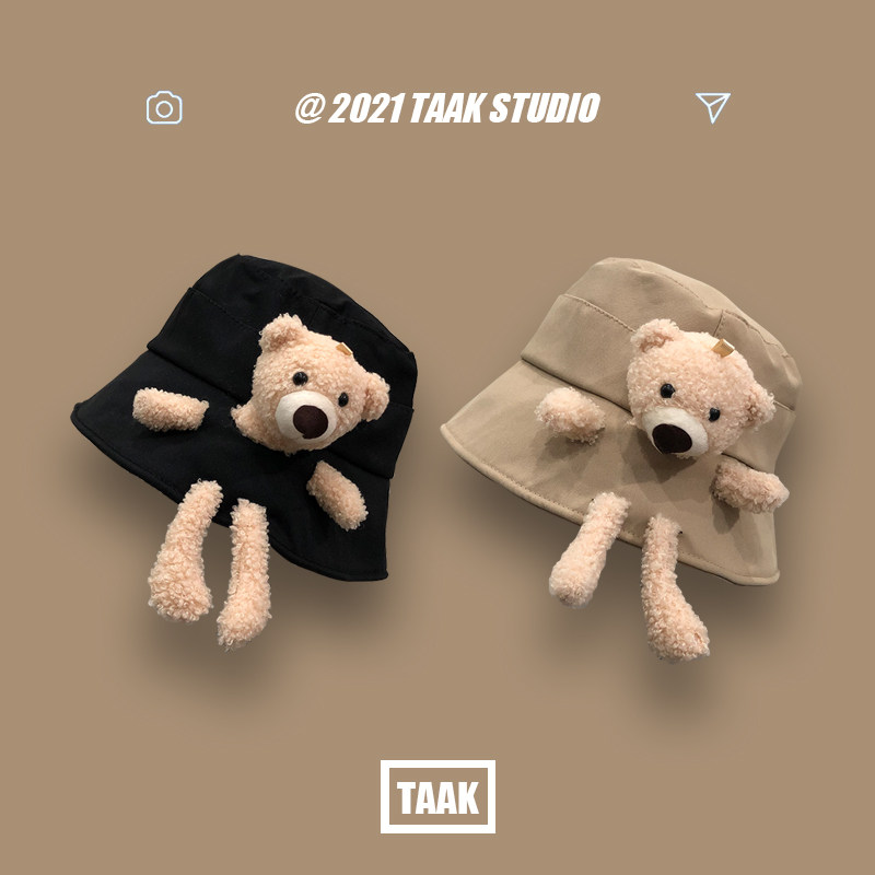 日系小熊公仔渔夫帽子女生春夏天甜美可爱盆帽韩版卡通防晒遮阳帽