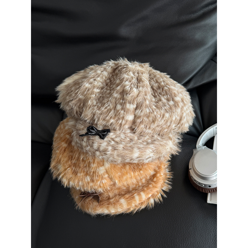 日系豹纹点点毛绒绒八角帽