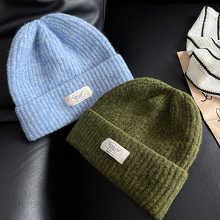 TAAK日系绿色毛线帽子女秋冬天显脸小蓝色套头针织帽保暖护耳冷帽