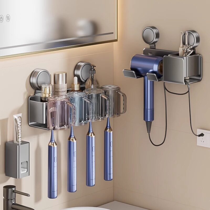 吸盘牙刷架免打孔牙刷置物架壁挂式带把手刷牙杯漱口杯架子