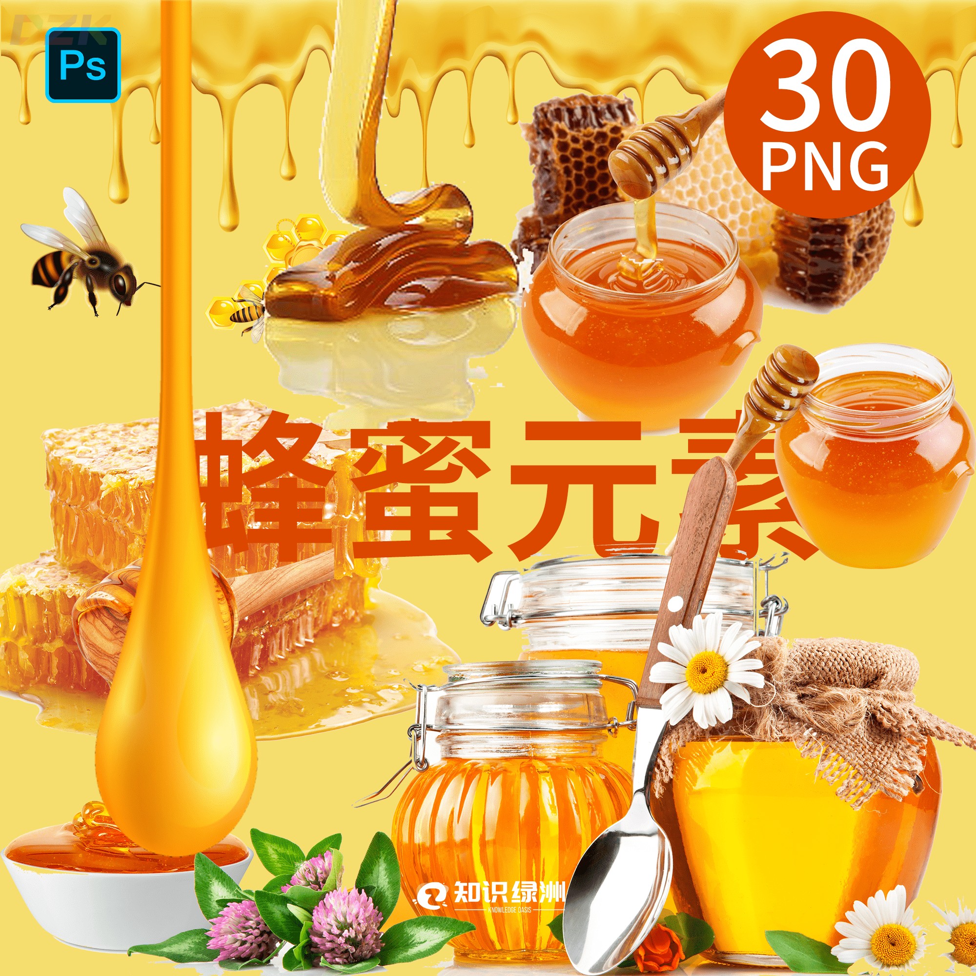 卡通蜂蜜蜜蜂采蜜插图背景PNG免抠图片 手绘蜂蜜蜂王浆插画PS素b2