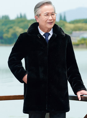 中老年皮草男中长款加厚仿水貂绒大衣老年人皮衣男士棉衣爸爸外套