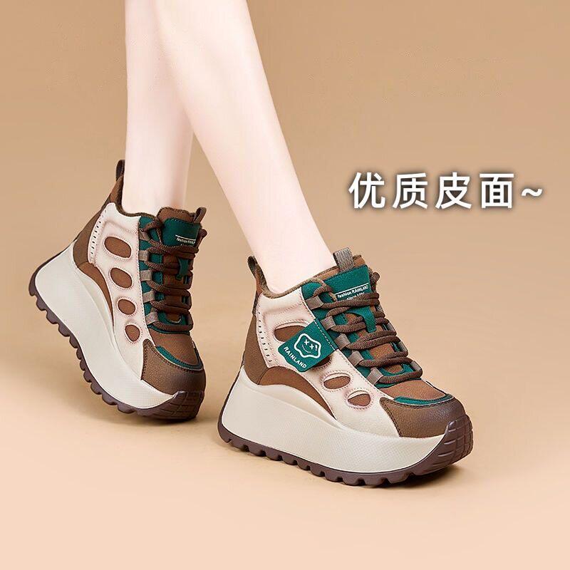 真皮运动休闲高帮鞋女2026秋季新款显脚小百搭厚底增高老爹鞋爆款