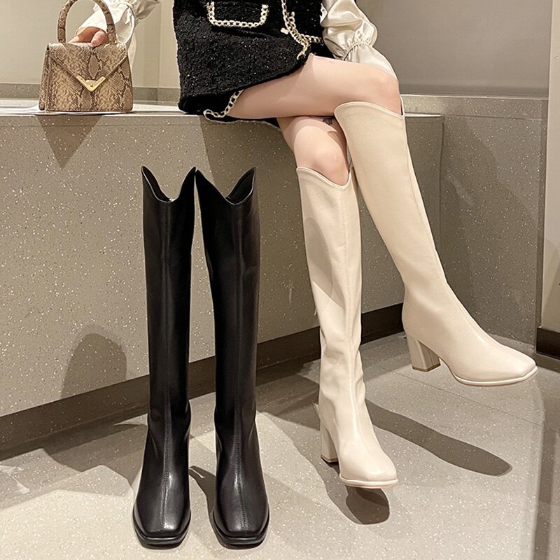 真皮高筒靴2026秋冬新款粗跟方头时装长筒靴后拉链甜美瘦瘦靴女靴