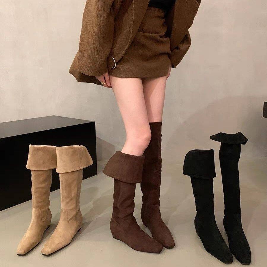 内增高绒面过膝长筒靴女秋冬季复古可翻折两穿堆堆靴高筒骑士靴子