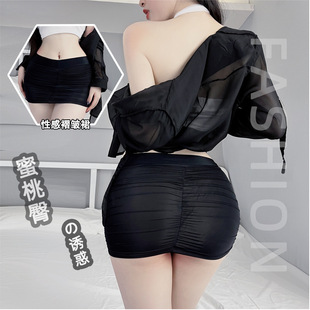 超短裙包臀裙心机女紧身褶皱透视短裙无内衬修身 性感ol短裙