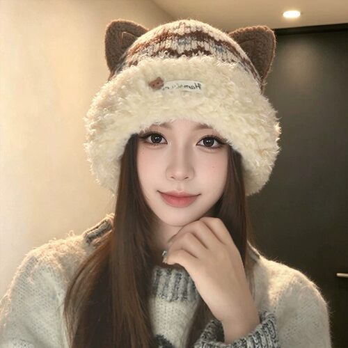 冬季保暖护耳猫耳毛绒针织帽子女
