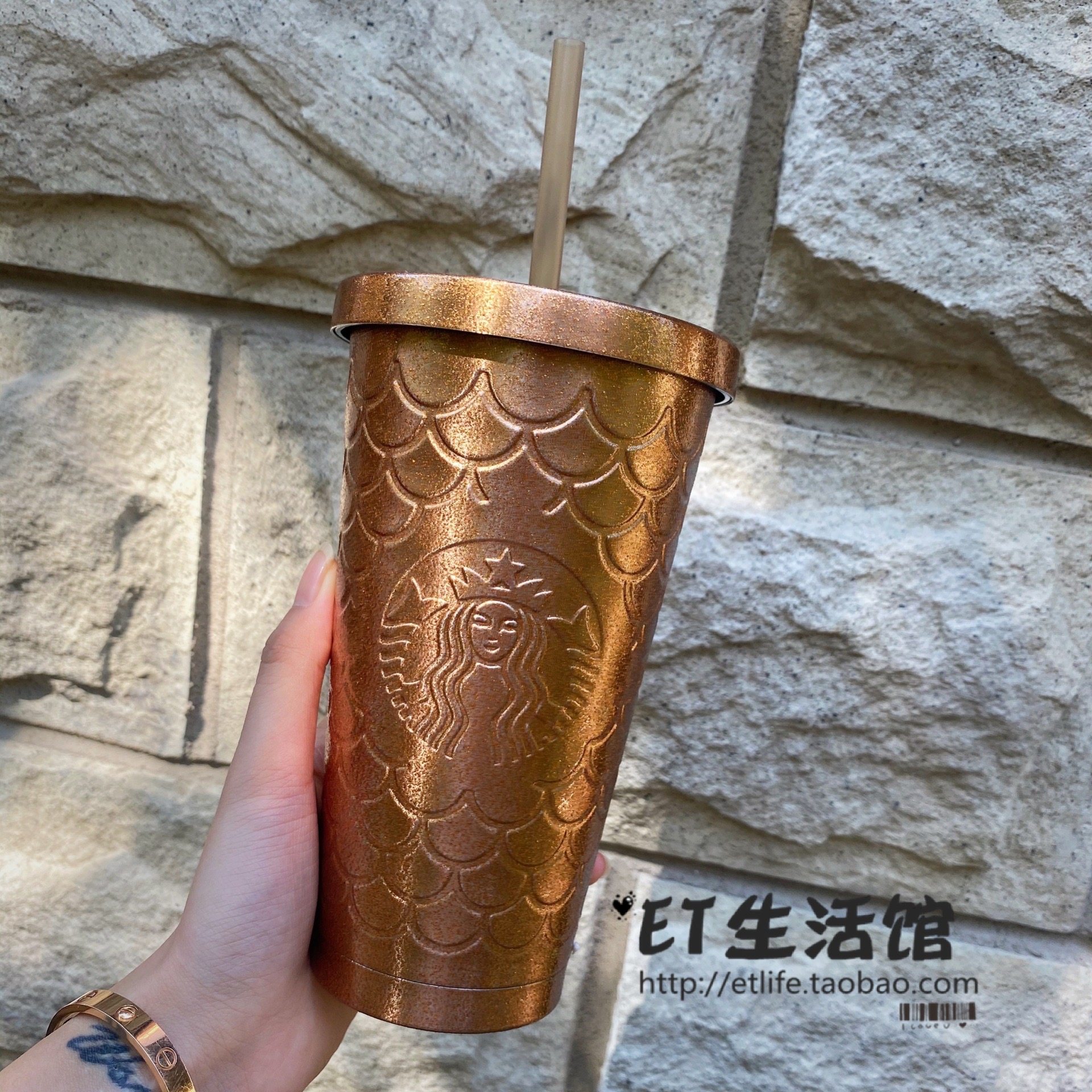 星巴克杯子 2024周年庆限量新款 50周年金色闪耀鱼鳞不锈钢吸管杯
