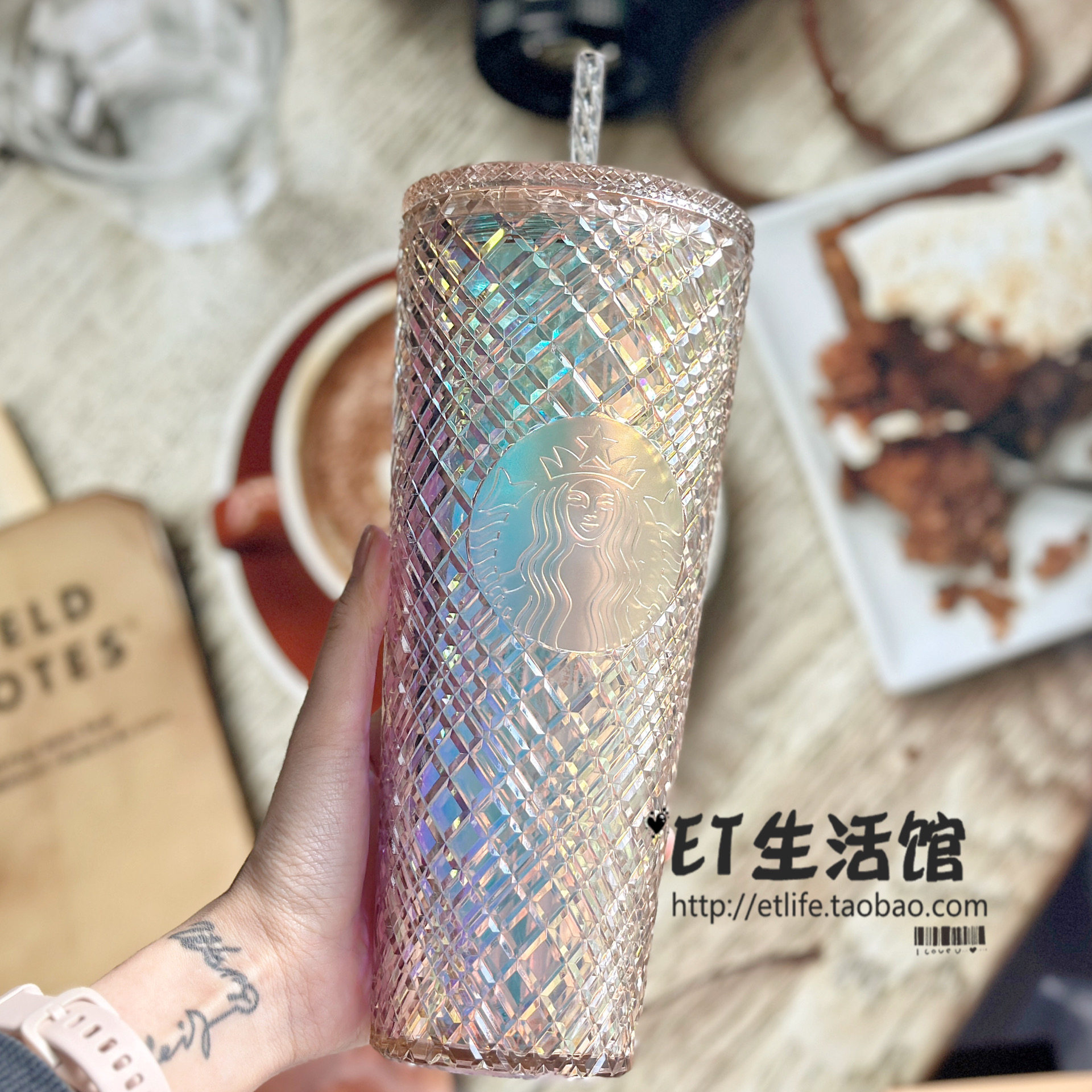 星巴克杯子2025夏日 超大水杯茶色闪耀格纹塑料吸管杯限量榴莲杯