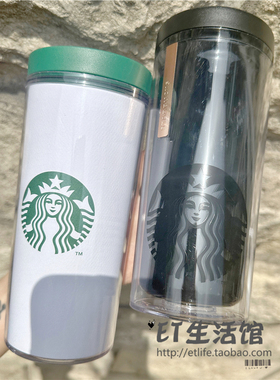 韩国星巴克杯子 2026臻选经典黑白限量美人鱼情侣塑料 徽章随行杯