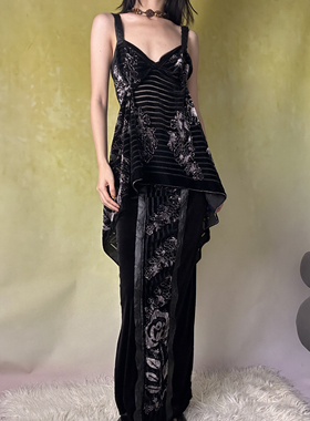 黑丝绒暗黑烫银烧花镂空复古露背吊带背心女连衣裙套装