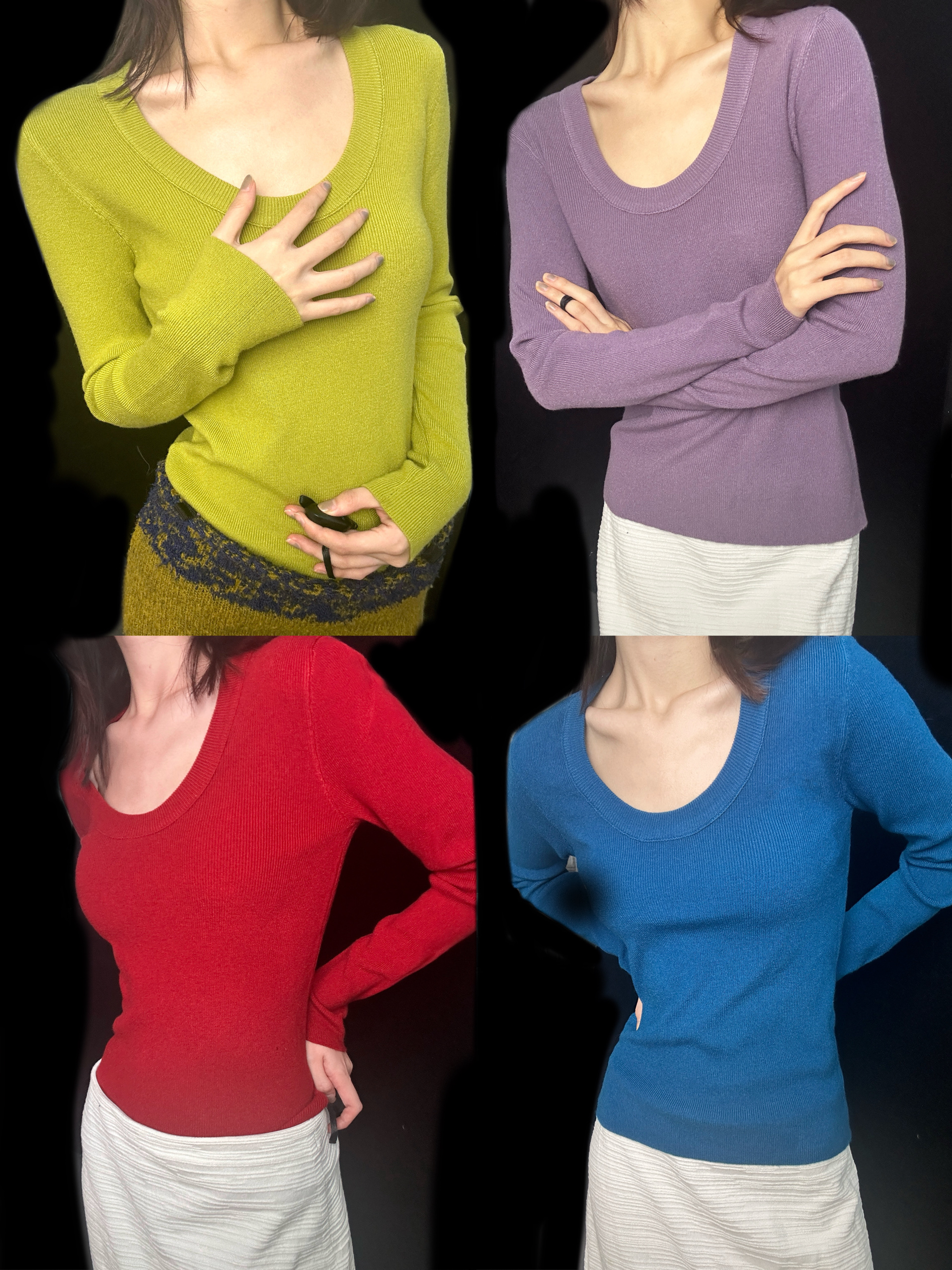 显白小众 八色U型领露锁骨显瘦含羊毛法式简约细针打底针织衫