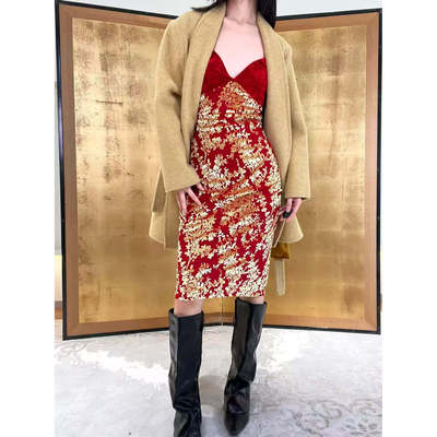 26SS·锦鲤朱砂碎金撞色中古感烧花丝绒小众新中式吊带裙连衣裙
