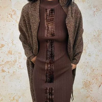 鳄鱼纹树皮棕拼接针织连衣裙女