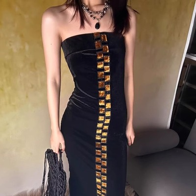 墨金暗黑新中式复古天鹅绒丝绒抹胸裙连衣裙