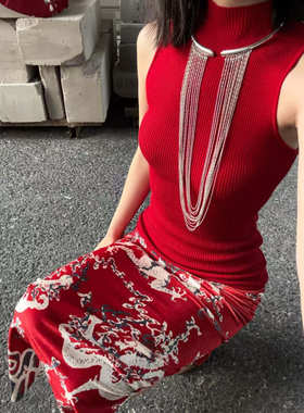 谭燕玉风朱红网绒复古半身裙女