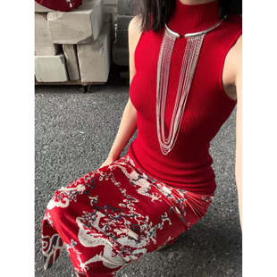 龙纹谭燕玉感朱红网绒复古印花裙女修身弹力直筒中长半身裙