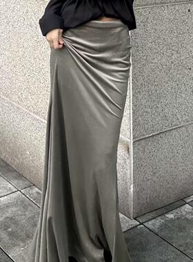 灰绿人鱼超柔丝绒弹力辣妹鱼尾包臀裙拖地半身裙