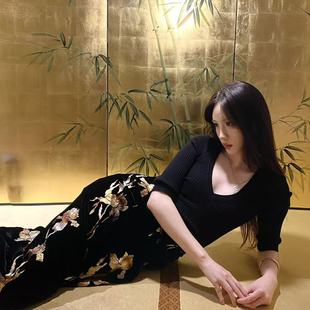 连衣裙套装 半身裙修身 针织衫 ANTIMOON夜鸢尾烫金锦纶黑丝绒新中式