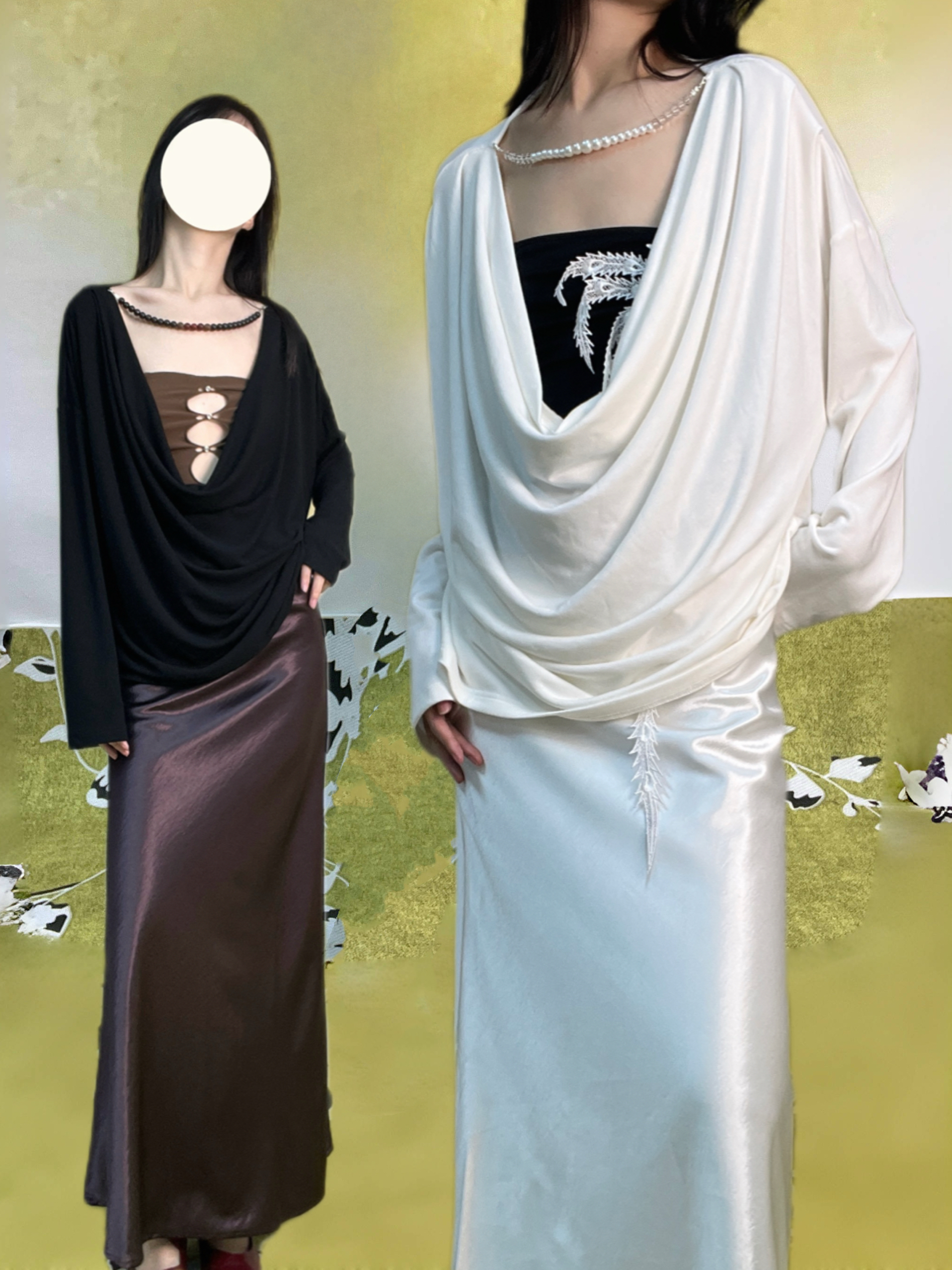 自由荡领珠串百搭休闲长袖T恤女