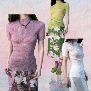 轻若无物朦胧五色半透感褶皱柳条肌理设计师短袖内搭打底衫上衣