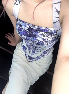 青花瓷新中式挂脖露背印花褶皱艺术辣妹吊带度假丝巾上衣