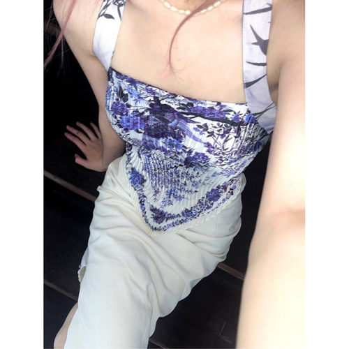 青花瓷新中式挂脖露背丝巾上衣女