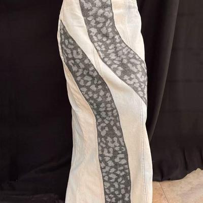 【清仓特价】古着感作旧水洗豹纹拼接毛边辣妹鱼尾牛仔半身裙