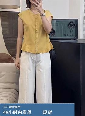 高级黄色荷叶边小飞袖衬衫女夏季2025新款独特别致短袖衬衫小上衣