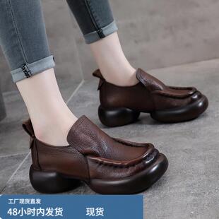 牛皮新款时尚丑萌厚底懒人休闲鞋女款真皮2026春季女士休闲乐福鞋