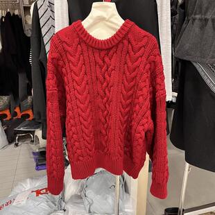韩代圣诞红麻花长袖套头毛衣女秋冬款慵懒风减龄洋气百搭气质上衣