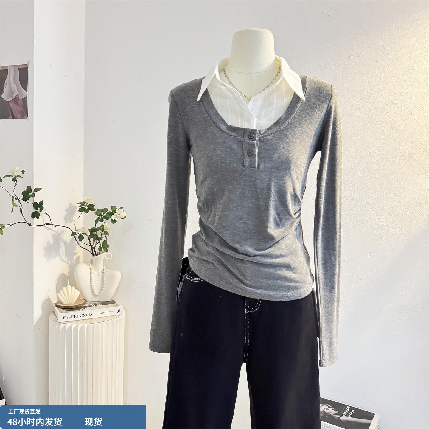 灰色假两件长袖T恤女2025春秋季拼接设计感小众韩系气质小衫上衣