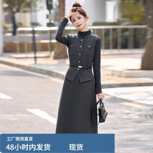 套装连衣裙女长款过膝显瘦春秋2026气质优雅假三件马甲长裙两件套