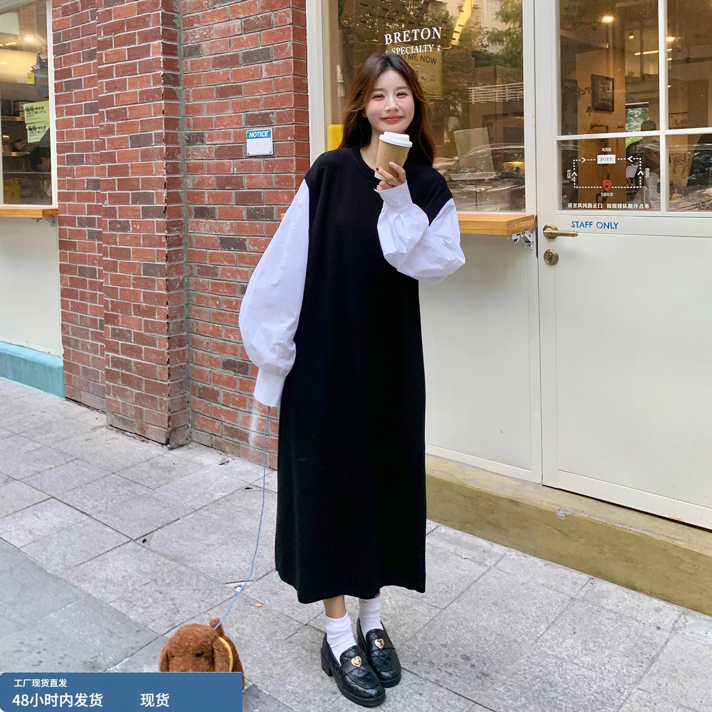 黑白拼接长袖连衣裙女春秋季今年流行韩系减龄巨好看高级感长裙子