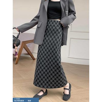 覆古格纹半身裙女秋冬长款黑色格子a字直筒包臀裙子高腰开叉半裙