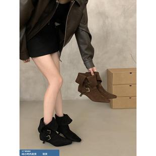 马丁靴时装 新款 短靴 可翻折两穿西部牛仔靴细跟中筒靴子女秋季 法式