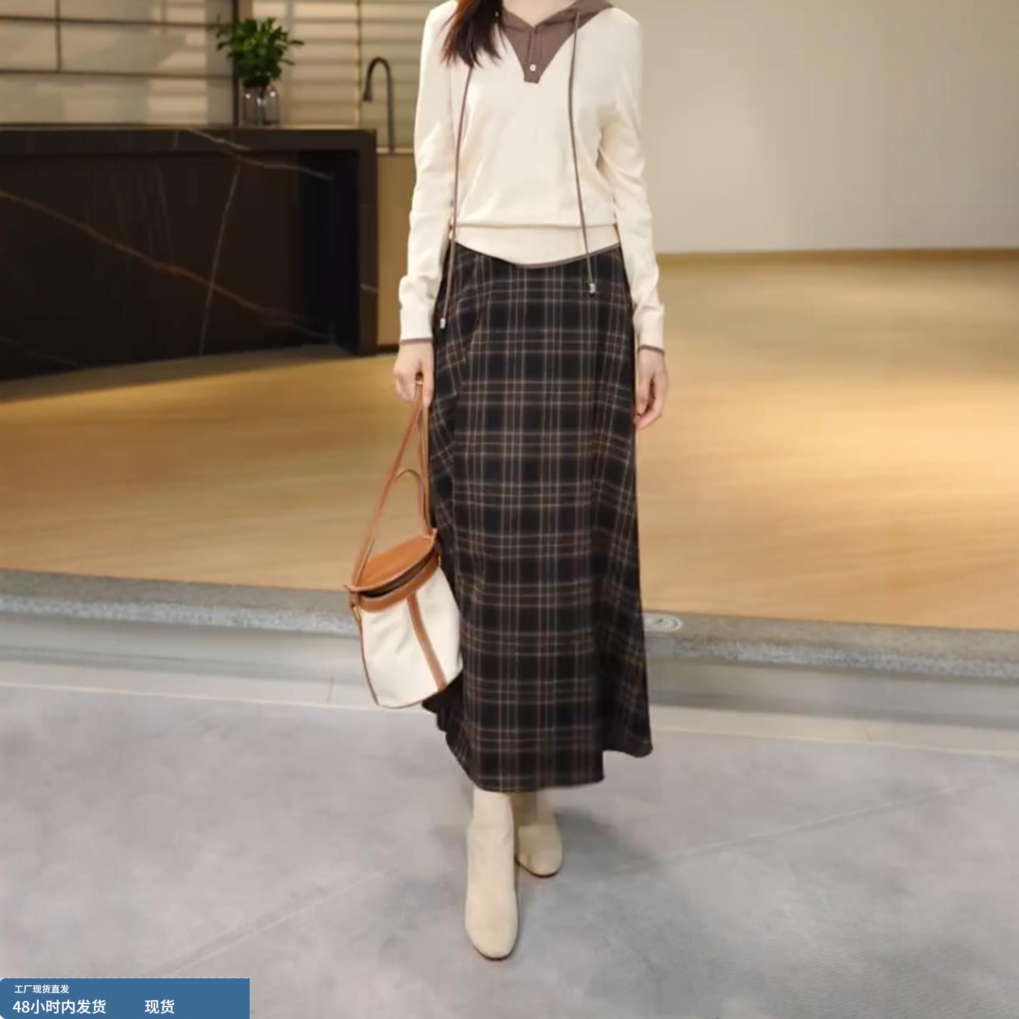 复古格纹半身裙女2025年秋冬新款高腰显瘦百搭大码中长款小众裙子
