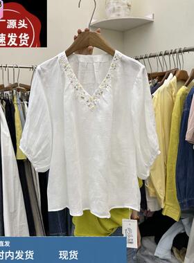 韩国简约风亚麻上衣25夏季新品 时尚显瘦V领亮钻宽松衬衫女YBS627