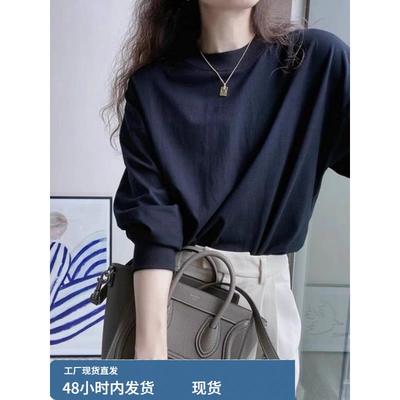 黑色显瘦圆领长袖t恤女2025新款超好看单穿上衣早秋宽松休闲打底