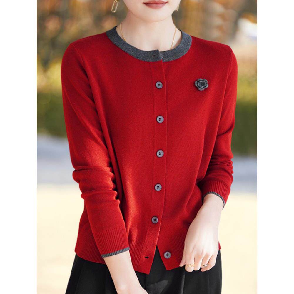 胖mm春秋大码外搭针织开衫女2025新款高级感山茶花红色毛衣短外套