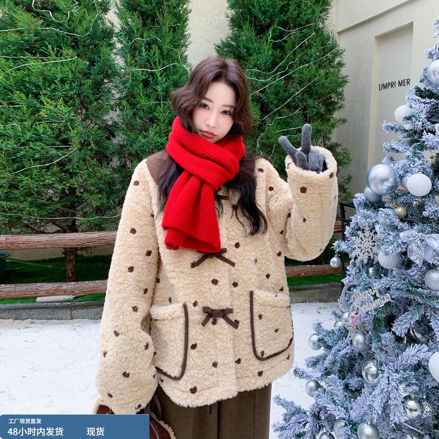 韩系波点复古氛围感羊羔毛外套女冬季2025年新款加厚保暖皮毛一体