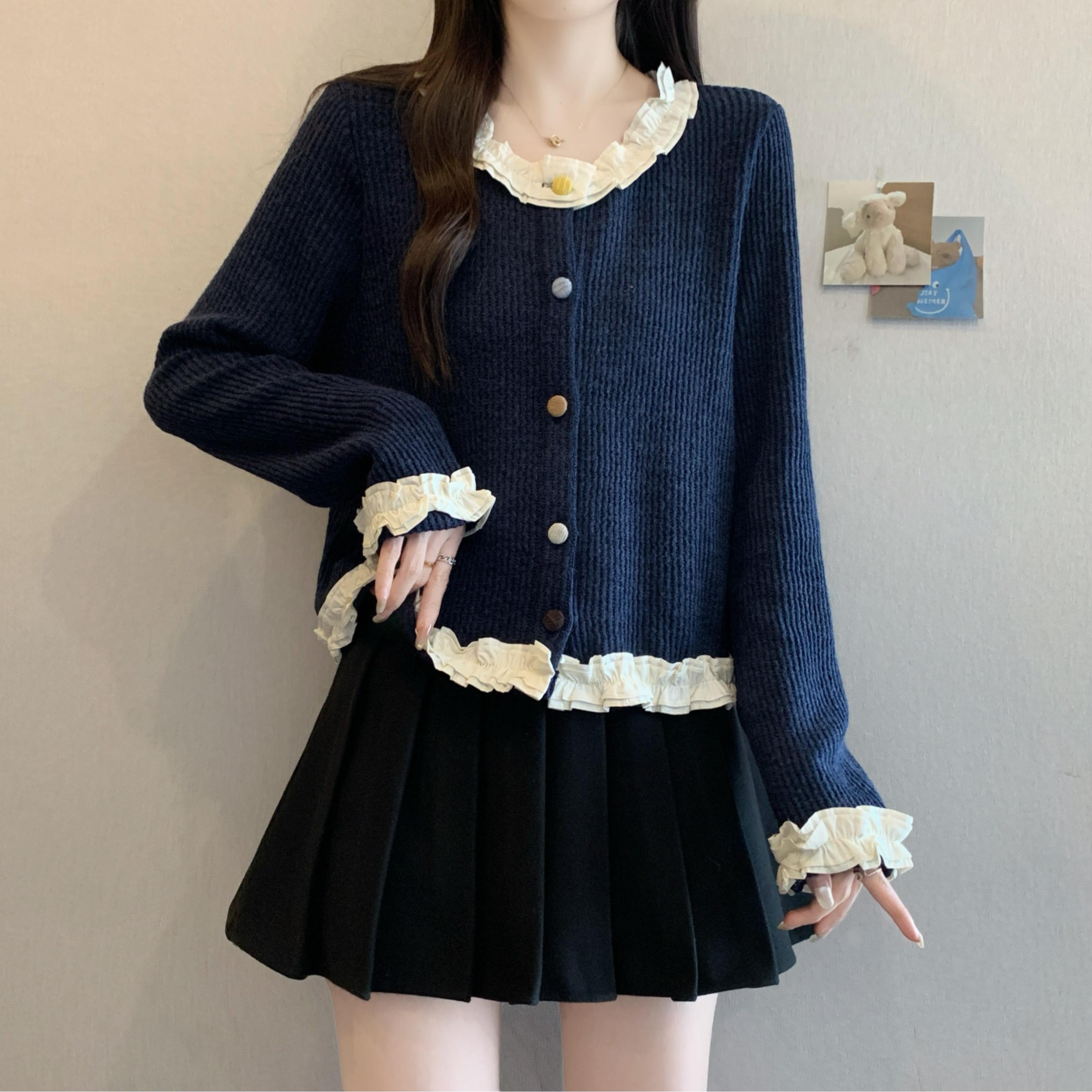 气质法式花边领长袖针织开衫女秋季大码胖mm遮肉显瘦打底衫上衣潮