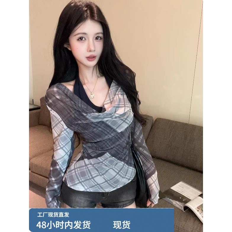 假两件荡领格纹长袖t恤女秋冬辣妹一字肩挂脖上衣网纱打底衫内搭