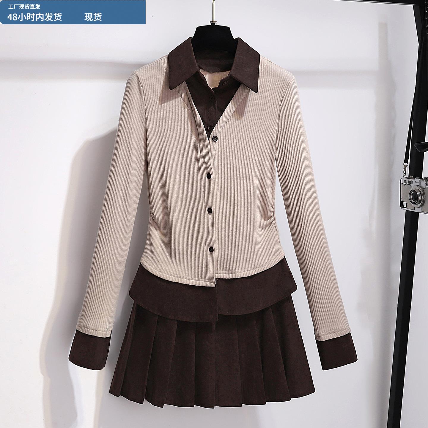 韩系长袖针织连衣裙女秋季2025新款学院风气质修身百褶裙两件套装