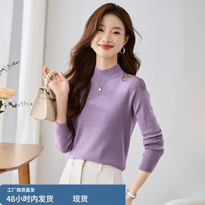 羊毛针织衫女秋冬半高领内搭打底可外穿圆领黑色毛衣蕾丝长袖上衣
