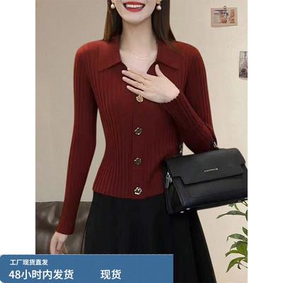 翻领红色针织开衫女2025秋冬新款大码微胖修身显瘦长袖打底衫上衣