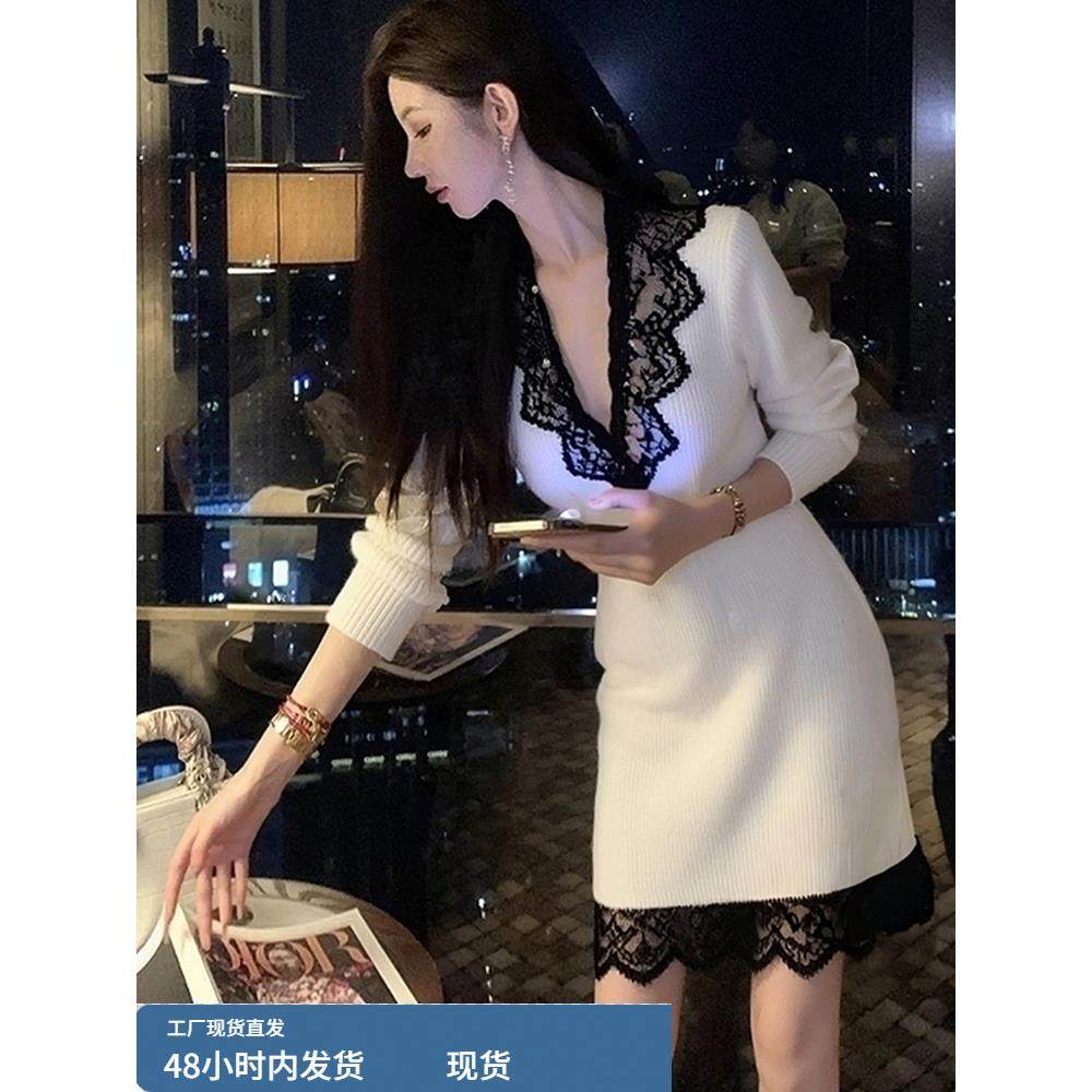 巨好看的裙子女秋法式高端名媛气质小香风蕾丝拼接白色针织连衣裙
